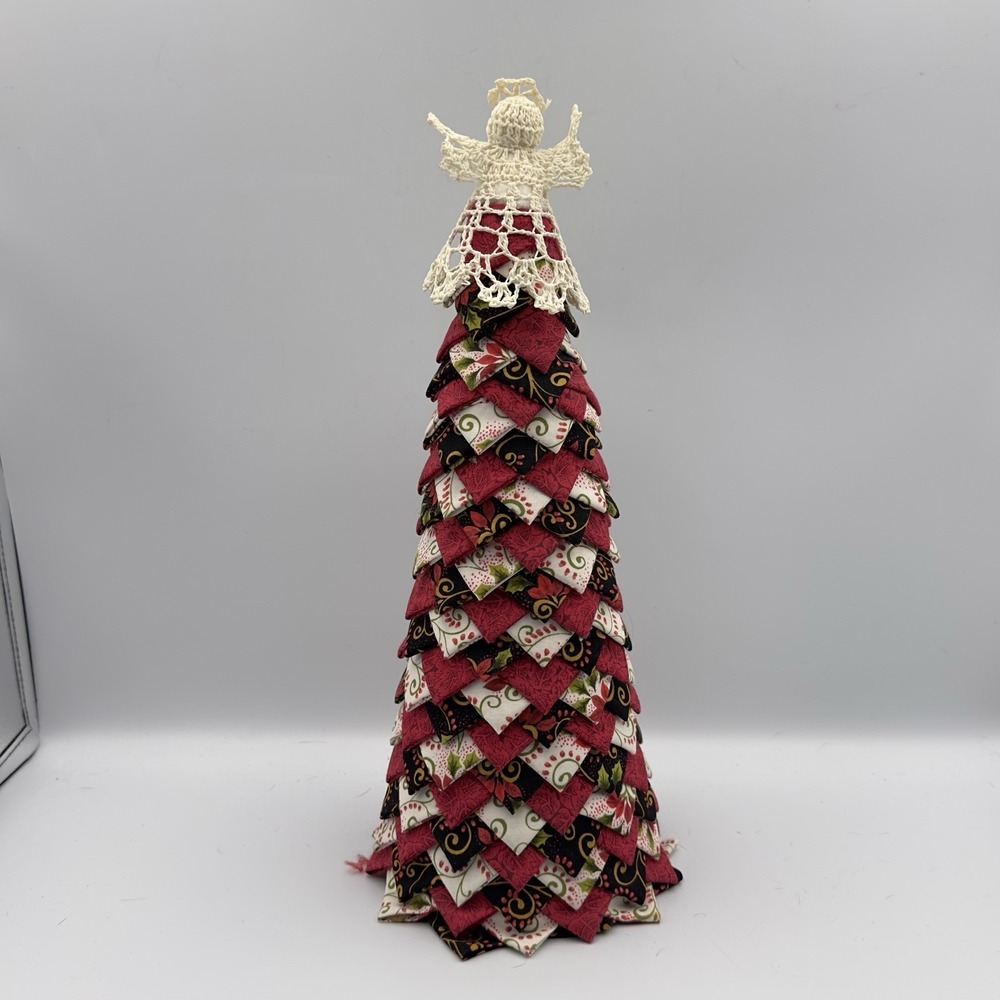 CHRISTMAS TREE 15" FOLDED FABRIC CROCHETED Angel‎ Topper On Styrofoam Form